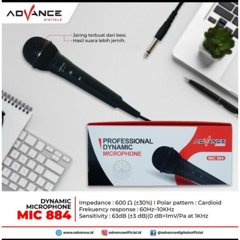 Microphone DYNAMIC Mic Kabel Karaoke Microphone Advance 884 mic dengan switch on off