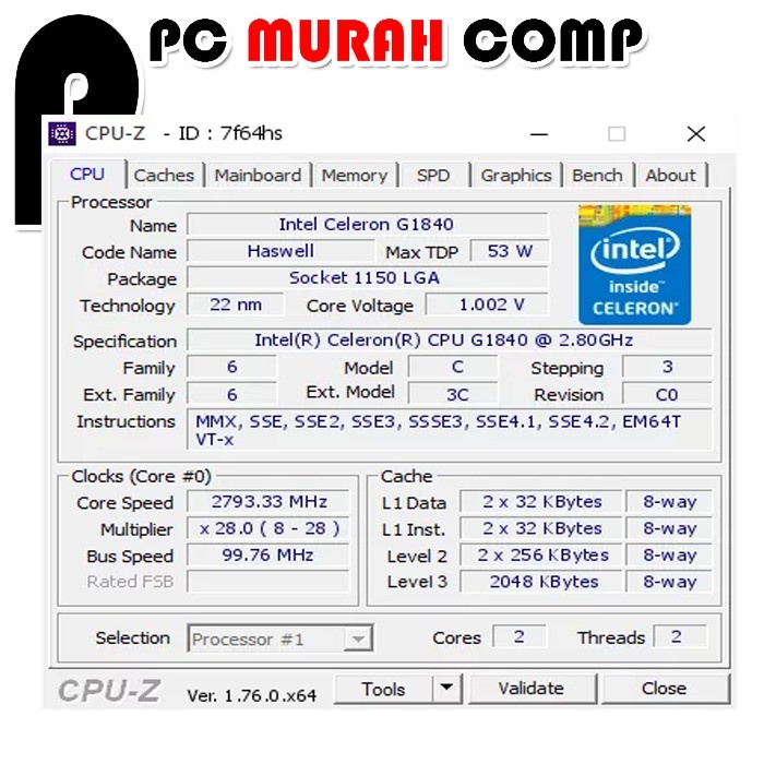 Processor Intel Celeron G1840 2,80 GHz Soket 1155