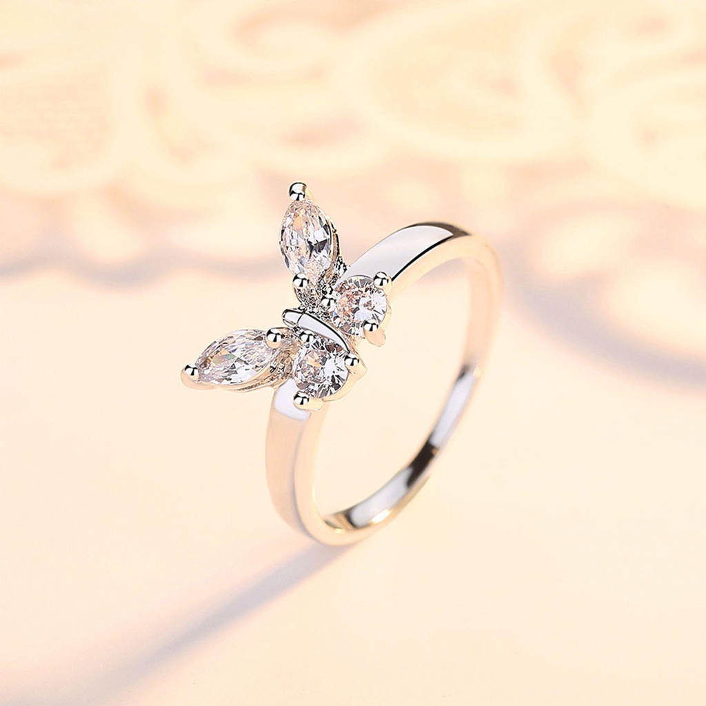 Lily Butterfly Ring Zirconia Cubic Silver Dainty Kristal Berkilau Pernikahan Mood