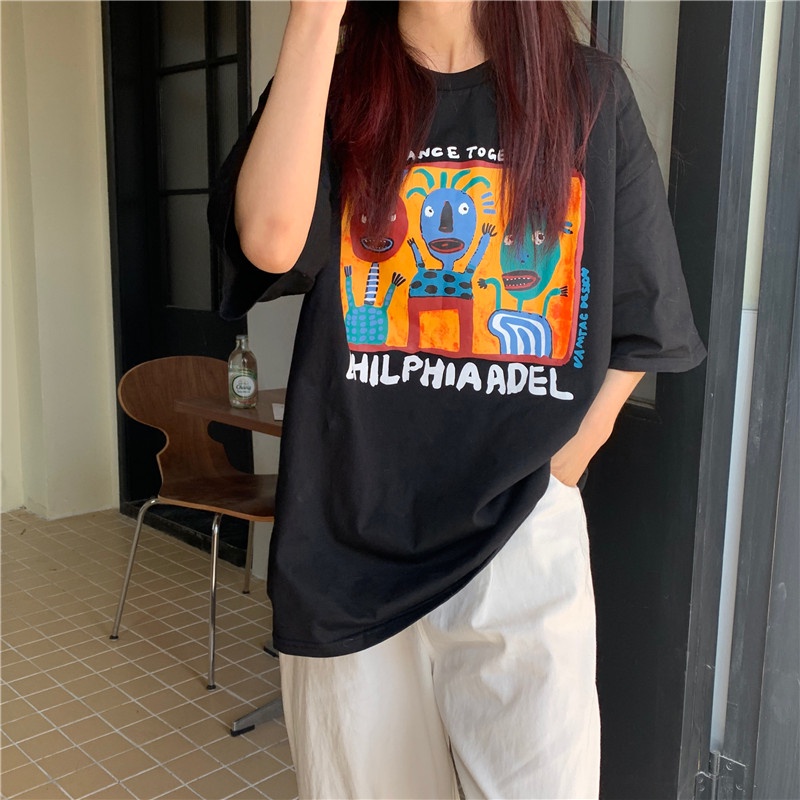 baju atasan wanita doodle abstract painting graphic printing t shirt korean style lengan pendek kaos hitam