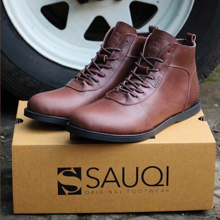 Sepatu Kulit Pria Sauqi Brd Racing Brown Boots Kerja Kantor