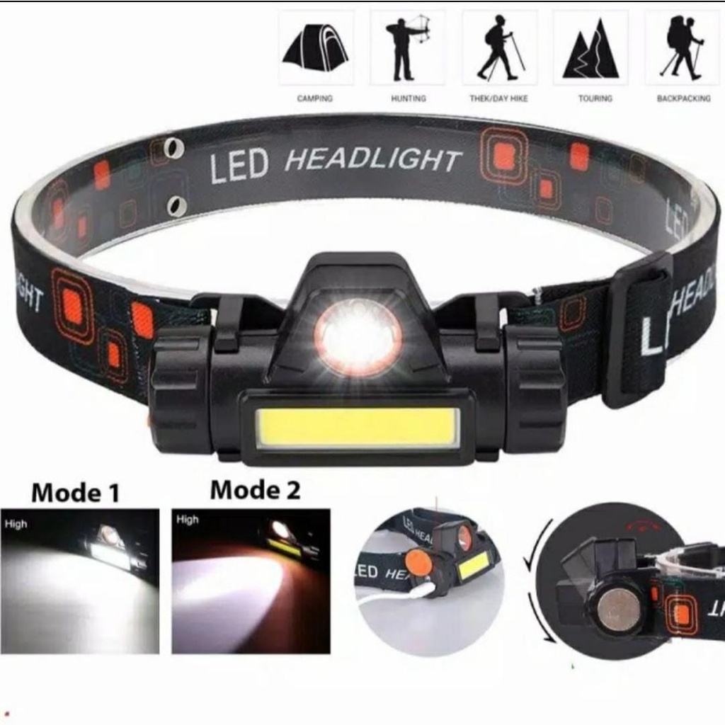 lampu kepala cas led 2 mode high power headlamp senter anti air cas led