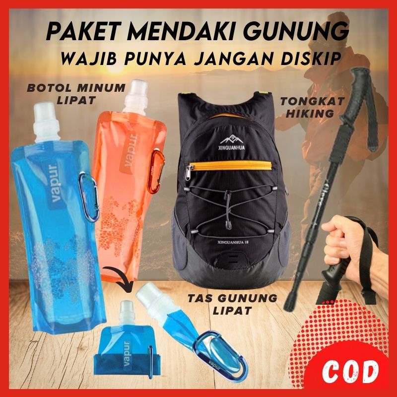Paket Perlengkapan Alat Mendaki Gunung Tongkat Hiking Tas Botol Minum Lipat Camping