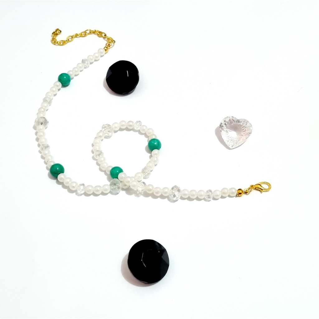 Kalung - K-317 - choker - beads - warna white pearl dan hijau tosca