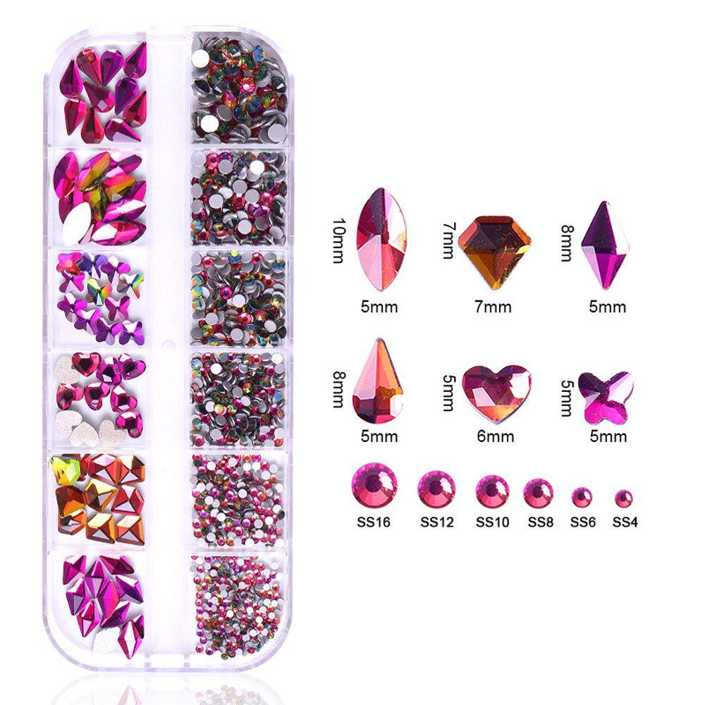 Agustina Nail Art Dekorasi Merah 12grid/kotak Biru 3D Warna-Warni Bor Kuku DIY Shiny Glitter Perhiasan Bulat Manik-Manik Flatback Berlian Imitasi