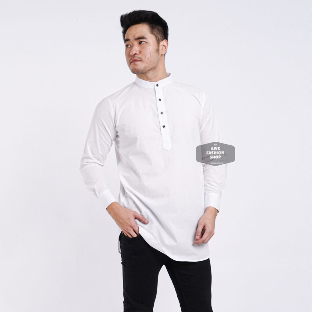 Kemeja Kurta Lengan Panjang Pria Cowok Putih White Polos Kerah Shanghai Ada Big Size