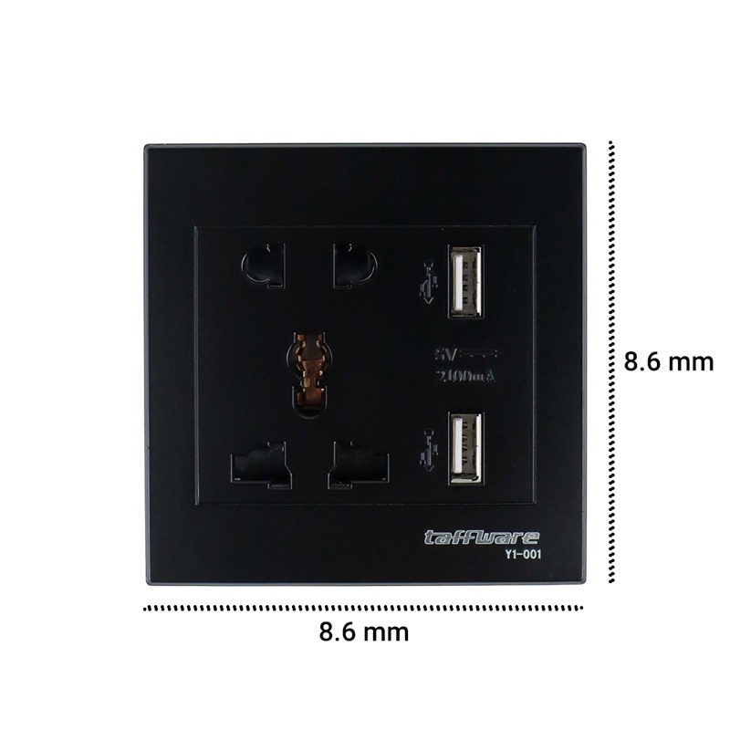 Taffware Stop Kontak Universal Wall Socket UK EU US &amp; 2 Port USB 2.1A - Y1-001 - Black