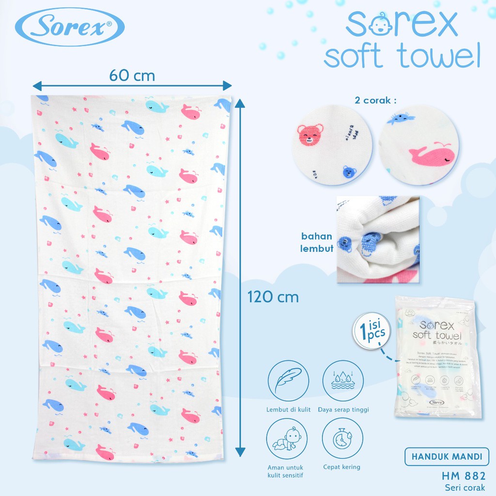 Sorex Handuk Mandi Bayi dan Balita 100 % Katun Premium Lembut Daya Serap Tinggi Soft Towel HM 882