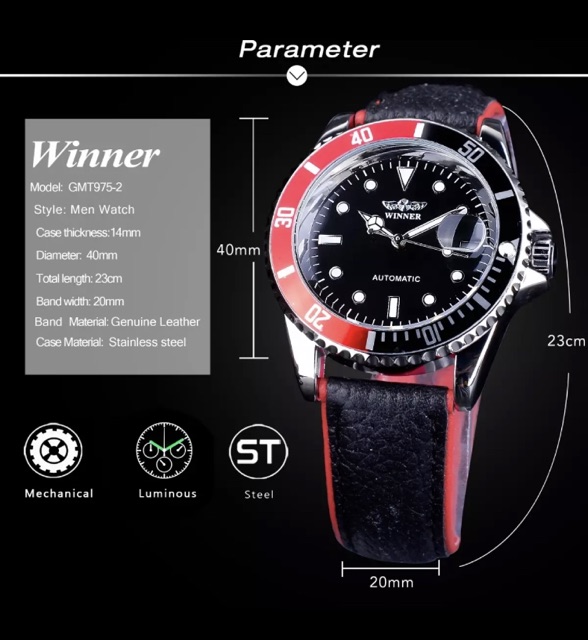 Jam Tangan Automatic Original Winner Submariner Cola Strap Kulit