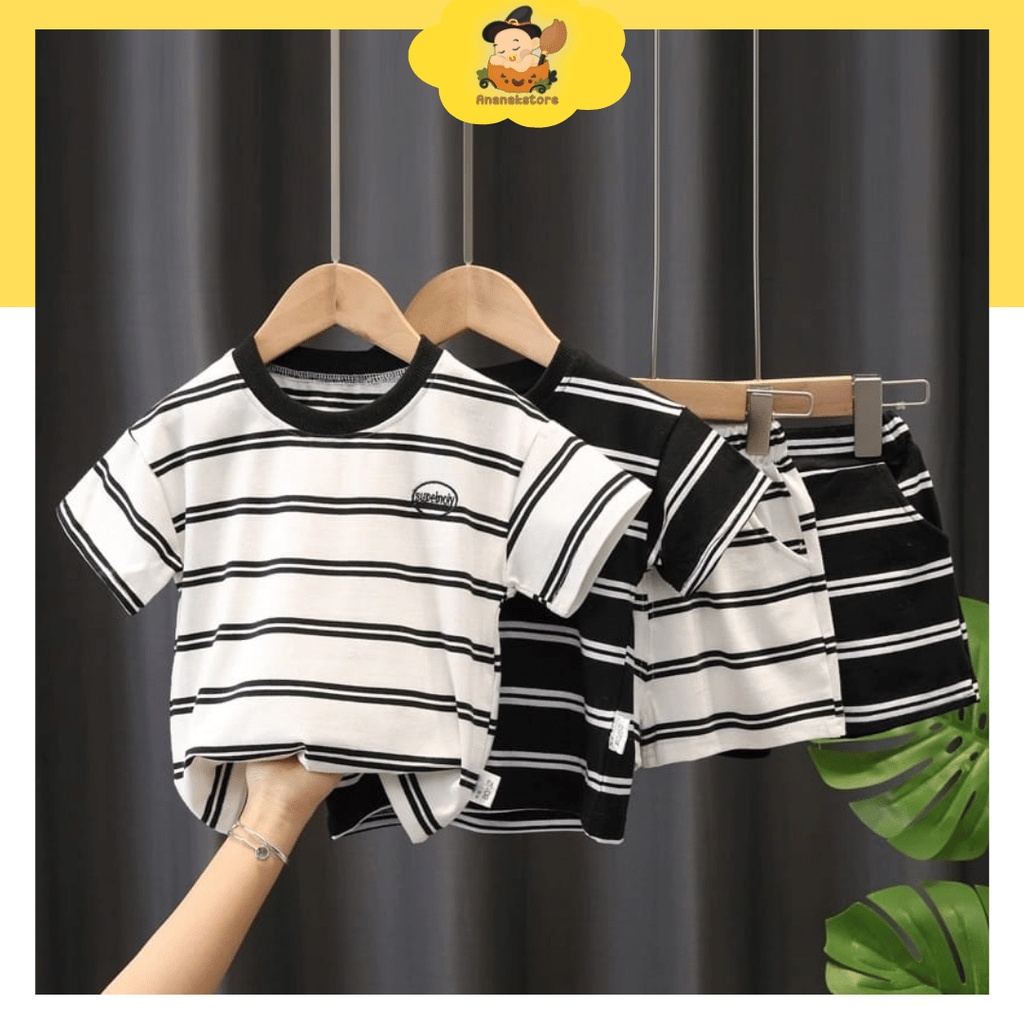 ananakstore- SETELAN PENDEK UNISEX motif salur white black/0-5 tahun/ baju anak IMPOR KOREA PREMIUM