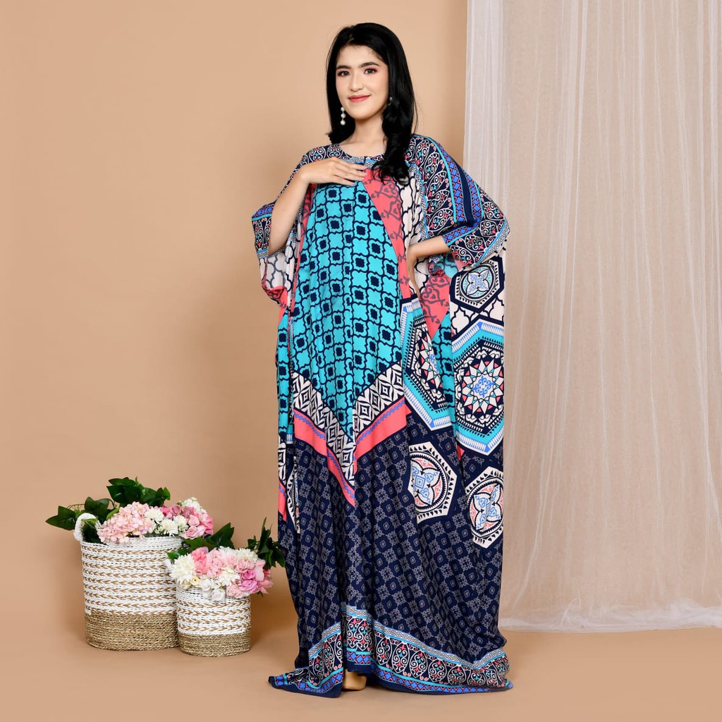 KAFTAN MOTIF BATIK ORIGINAL BAHAN RAYON PREMIUM LEMBUT WARNA BIRU UKURAN XXL