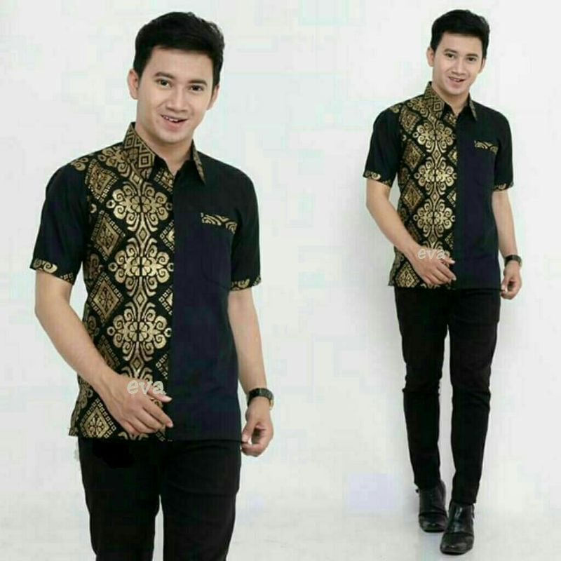 HEM BATIK KOMBINASI PENDEK HITAM GOLD ATASAN BAJU BATIK COWOK MODEL KOKO