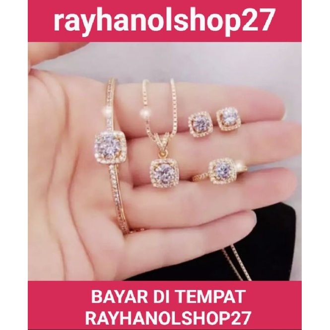 SET WANITA TITANIUM LENGKAP MOTIF PERMATA MATA'SATU BULAT DAN KOTAK LAPIS EMAS 24 K ANTI KARAT ANTI ALERGI