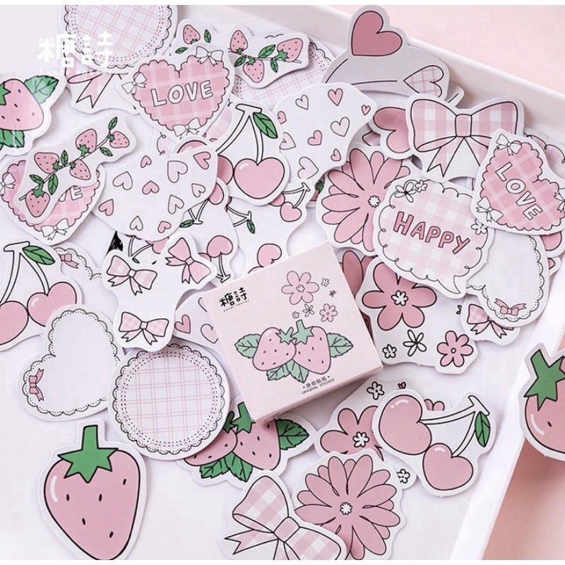 (45 PCS) STICKER AESTHETIC CUTE BOX STIKER LUCU MURAH BINATANG ORANG BUNGA SCRAPBOOK STIKER HP-Strawberry
