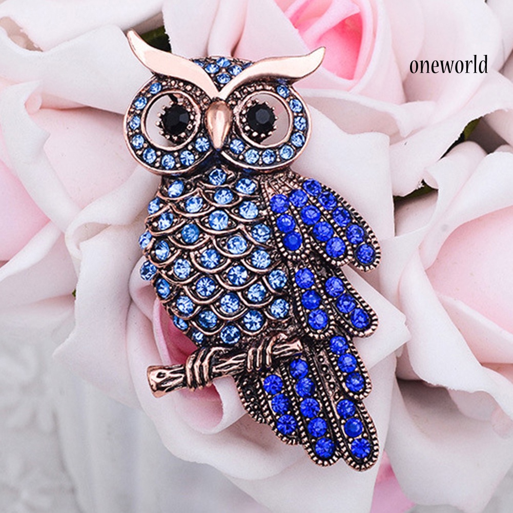 OW@ Unisex Retro Cartoon Owl Inlaid Rhinestone Hollow Brooch Pin Clothing Accessory