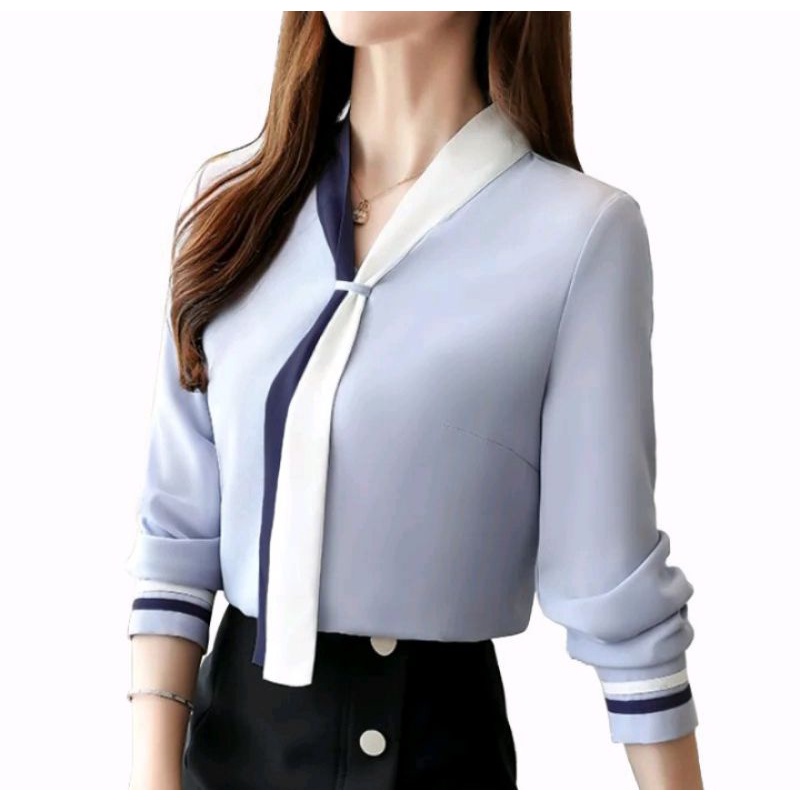 Blouse Wanita Blus Kerja Kantor Lengan Panjang Putih Polos Variasi Syal Leher Korean Style - ARRA-4