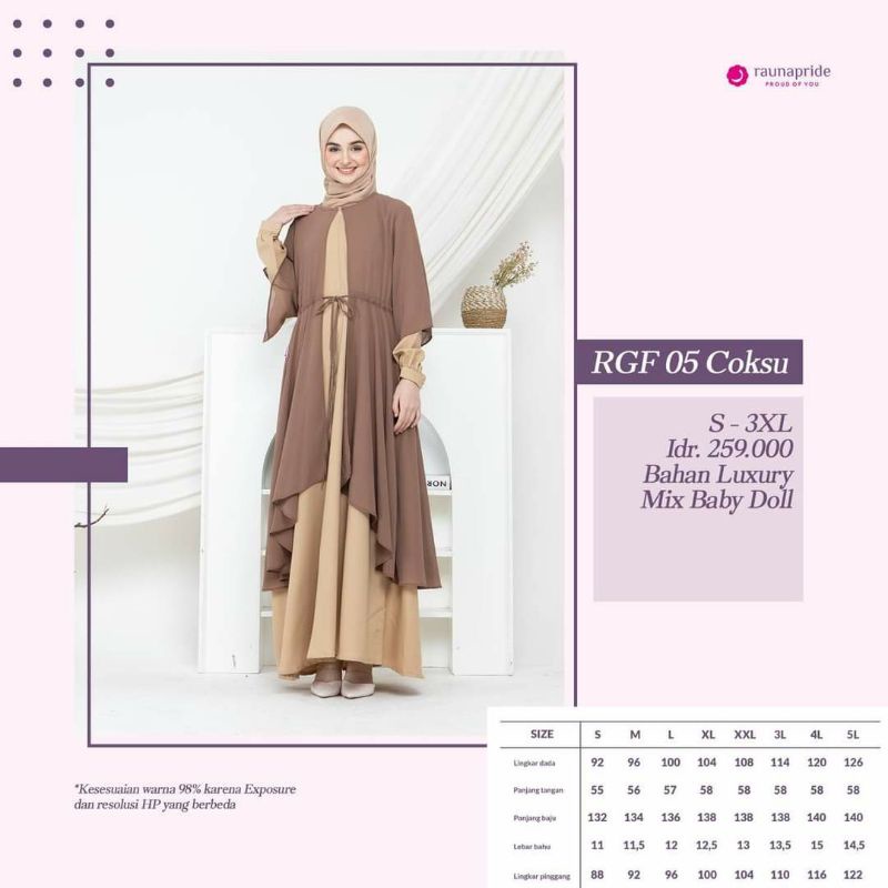 Gamis muslimah RAUNA RGF 05 COKSU | RGF 05 CEDAR | RGF 05 ABU ABU | RGD 05 UNGU | SARIMBIT RAUNA SR 05