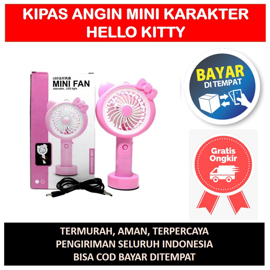 Kipas Angin Mini Tancap Genggam Lipat Portable LED Karakter Hello Kitty Original Murah