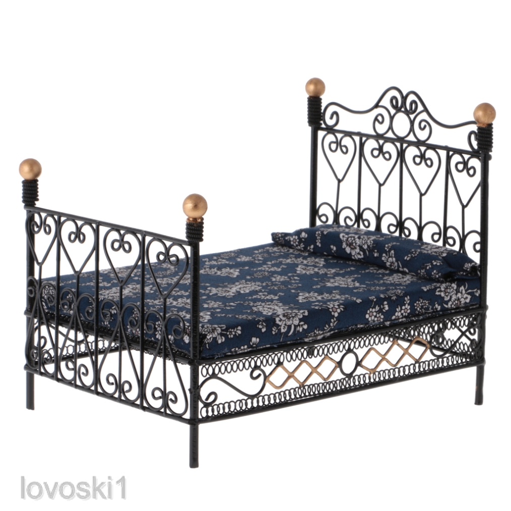 1 12 Dollhouse Miniature Furniture Metal European Retro Double Bed New Shopee Indonesia