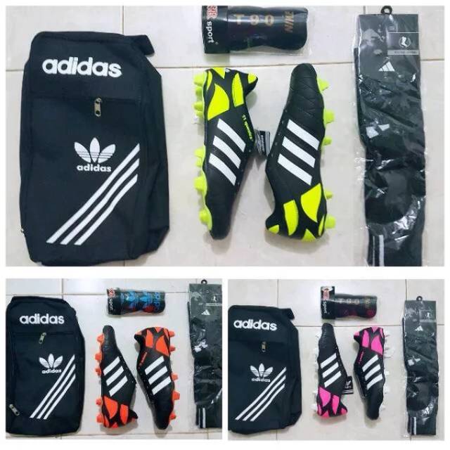 Paket komplit sepatu bola Adidas 11 questra bonus tas deker dan kaos kaki