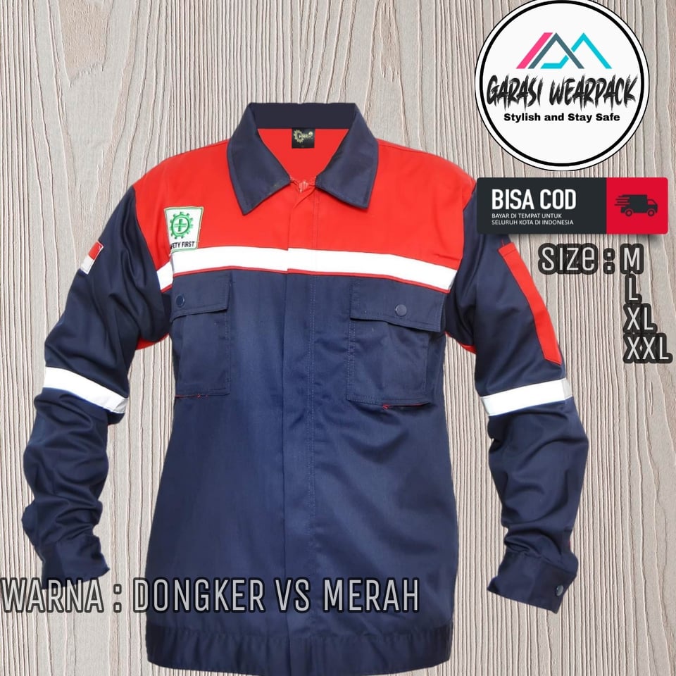 Wearpack atasan/kemeja safety/baju safety/warna dongker merah/lengan panjang/resleting