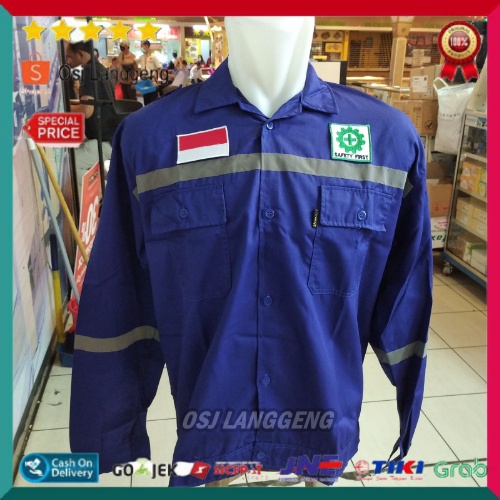 Baju Atasan Safety American Drill Biru Bca - Atasan Safety Proyek Warna Biru Bca Plus Logo