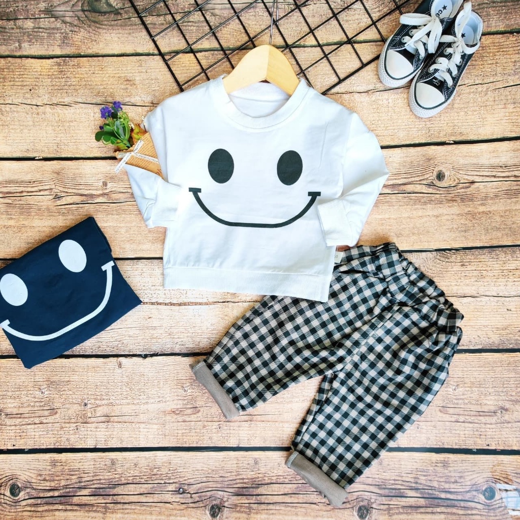 Promo !! Setelan anak laki-laki import / Setelan smile Happy sos tartan ukuran 1-3 tahun