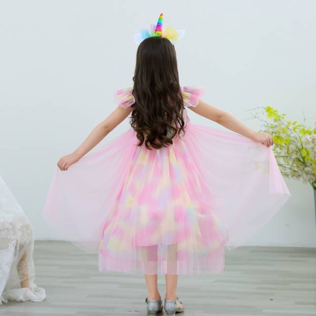 GAUN PANJANG PRINCESS RAINBOW PINK / DRESS PESTA ANAK GLITTER UNICORN IMPORT KOREA