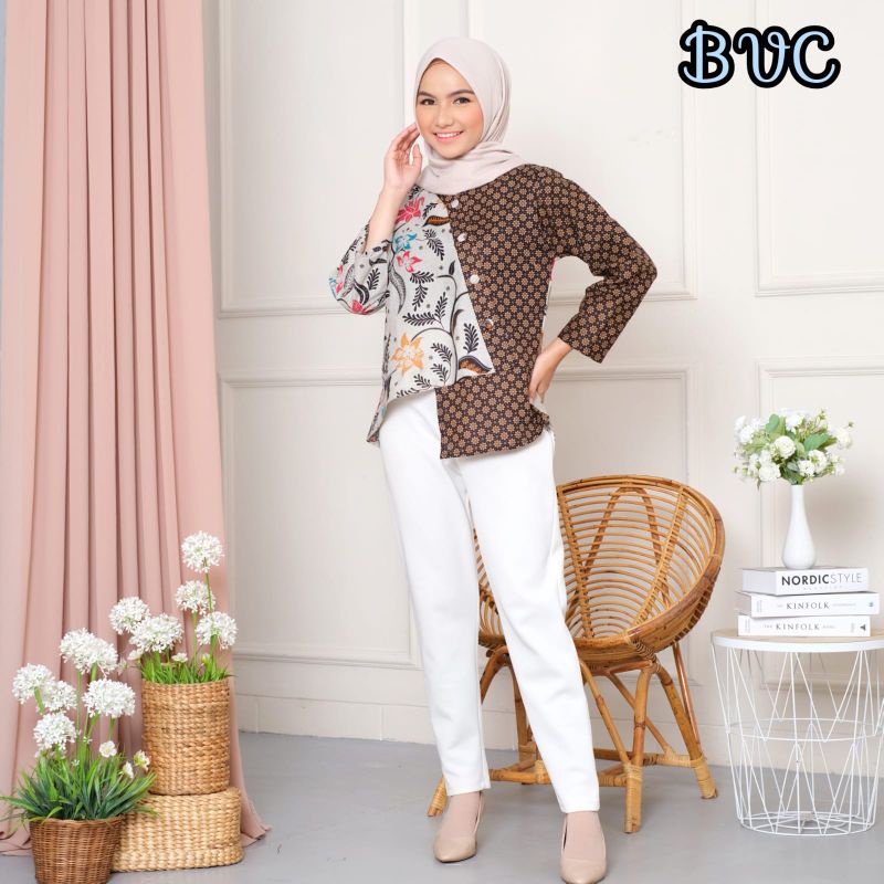 tey-17 Batik wanita ASJ SA HRB026 Kenongo Kemeja Tosca Pendek-Truntum melati marco