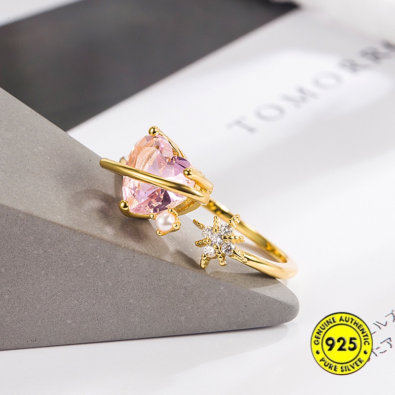 Cincin Model Terbuka Bahan Sterling Silver Gold Plated 18K Hias Zircon Pink Untuk Wanita