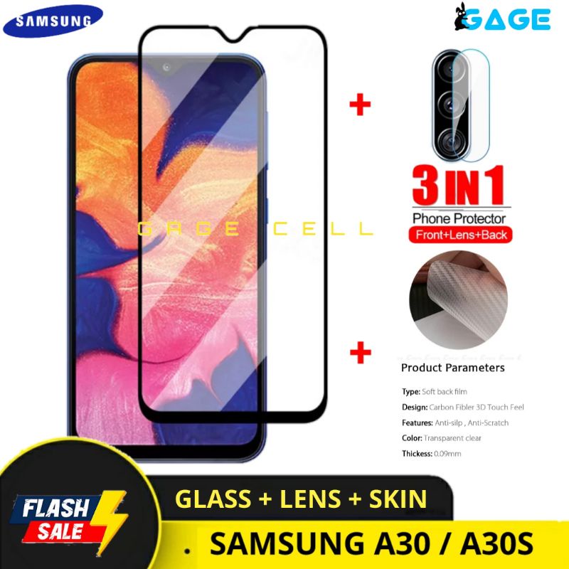 PROMO 3IN1 TEMPERED GLASS LAYAR KAMERA SKIN CARBON SAMSUNG GALAXY A30 A30S FULL SCREEN PROTECTOR