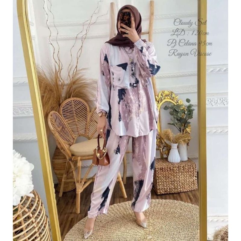 BELLE ONE SET / SETELAN RAYON DAILY ONE SET BAJU SETELAN WANITA KEKINIAN-ONESET(AWAN SET)