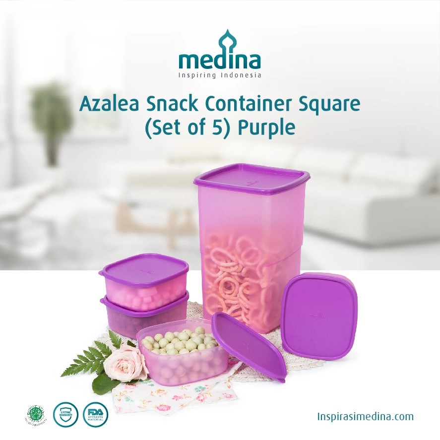 Azalea Snack Container Square (Set of 5) Purple | Toples Kulkas Snack Kedap Udara Food Keeper