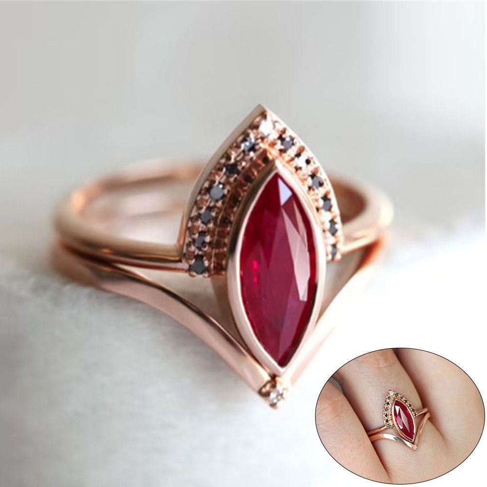 ✿✿2 In 1 Cincin Ruby Bentuk Belah Ketupat Warna Rose Gold Untuk Wanita