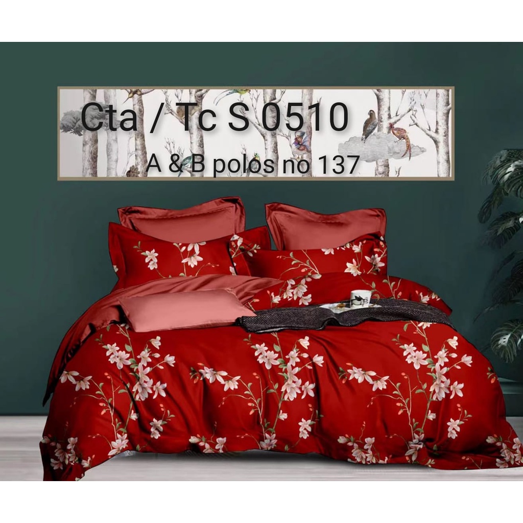 Sprei Set Tencel 60s Sutra Organik Bunga Merah, Sarung Bantal & Sarung Guling Ukuran standart