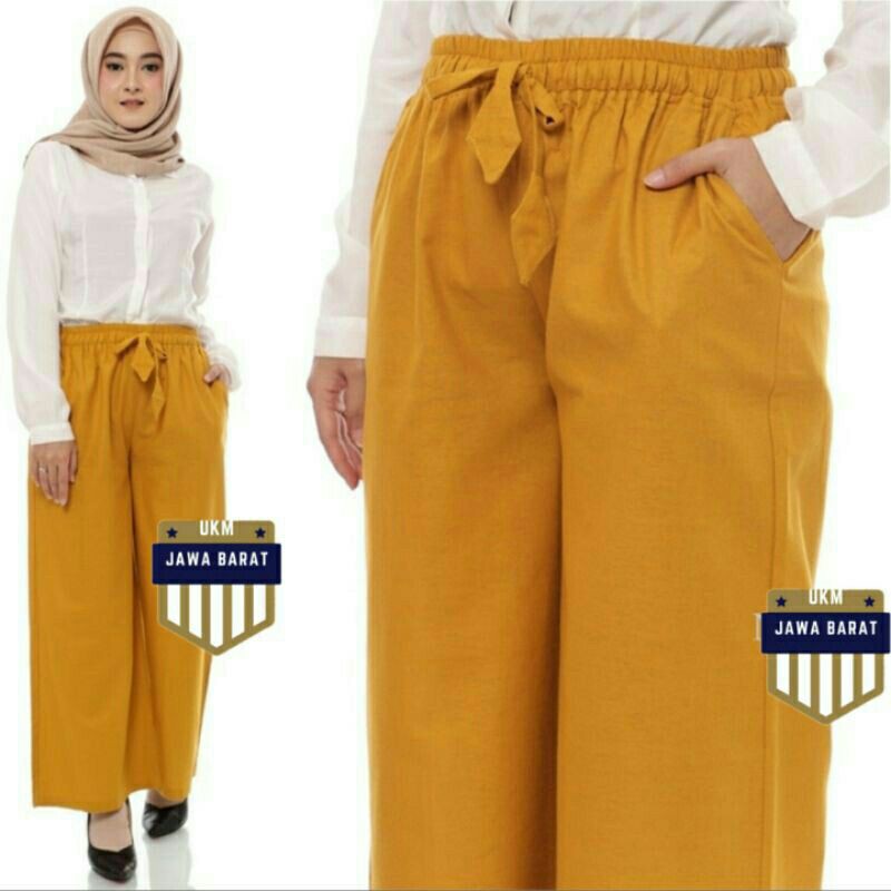 Celana Panjang Kulot Linen Wanita Warna Mustard Bawahan Cewek