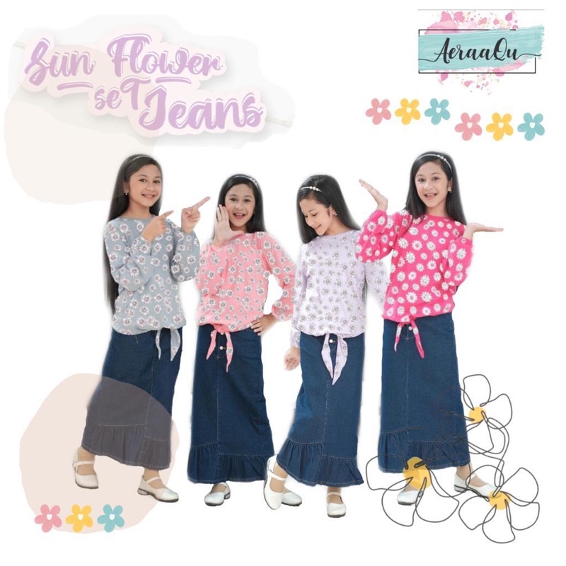 Setelan Anak Perempuan Remaja Rok dan Celana Jeans Sun flower Aeraaqu