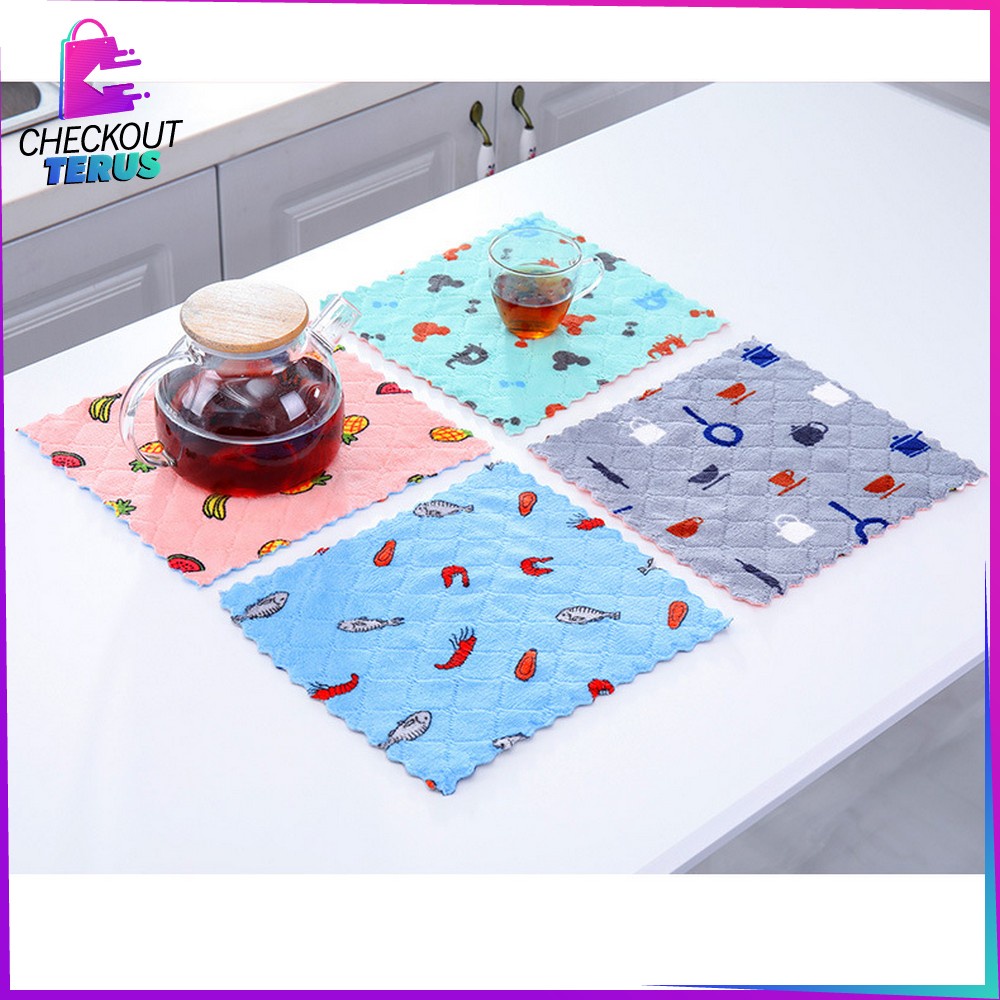 CT C561 Kain Lap Dapur Meja Piring Anti Minyak Bahan Coral Fleece 2 Sisi Lap Dapur Microfiber Serap Air