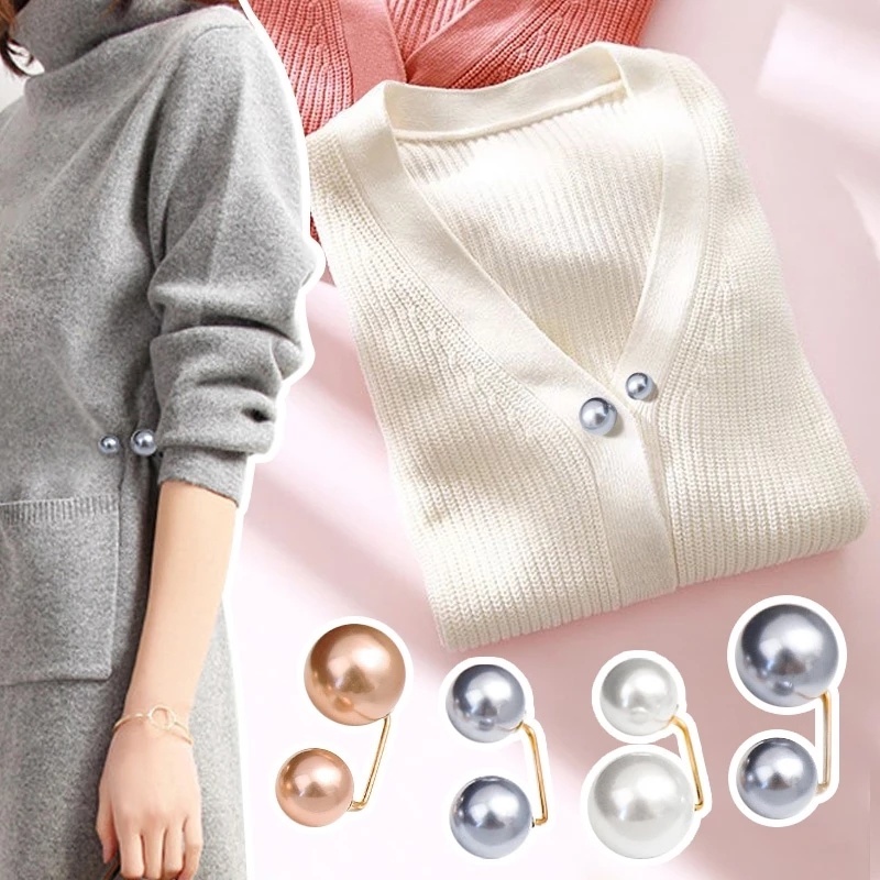 3 Pcs Bros Pin Klip Kerah Kemeja / Jaket / Sweater / Cardigan Bahan Logam Hias Mutiara Buatan Ganda Gaya Korea Untuk Wanita