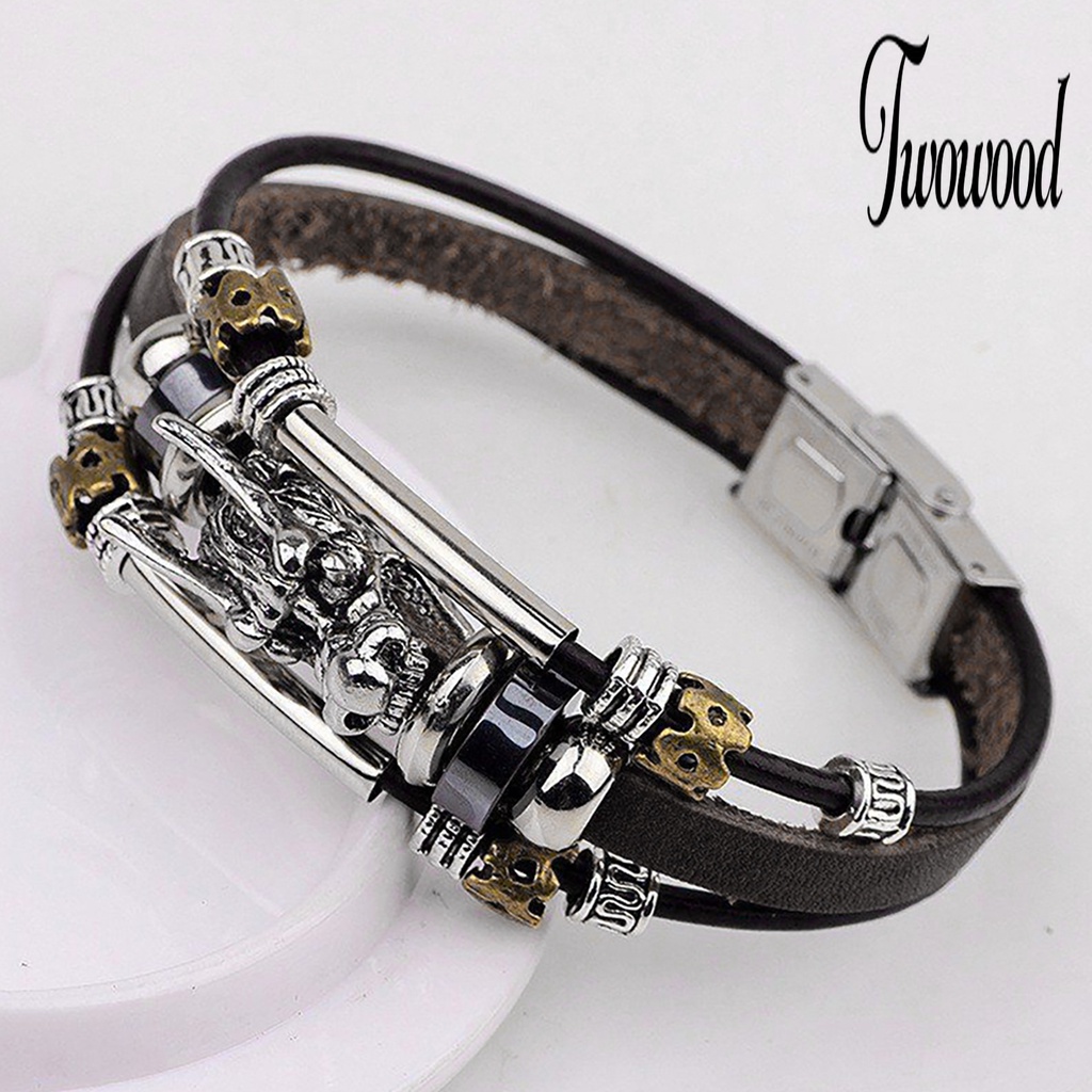 Gelang Multilayer Bahan Kulit Imitasi Gaya Vintage Punk Untuk Pria