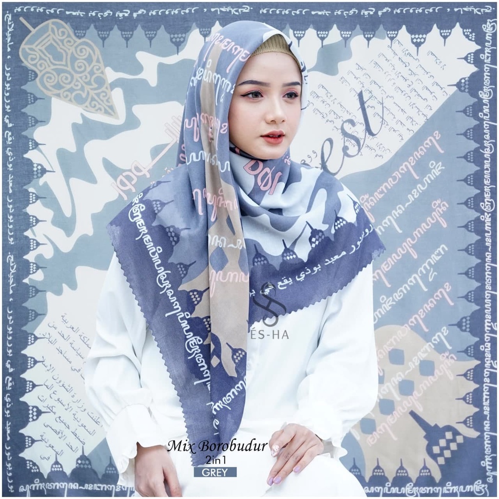 (PART 1) Series Hijab Motif Voal / Segiempat Motif Voal Premium Exclusive-BOROBUDUR GREY