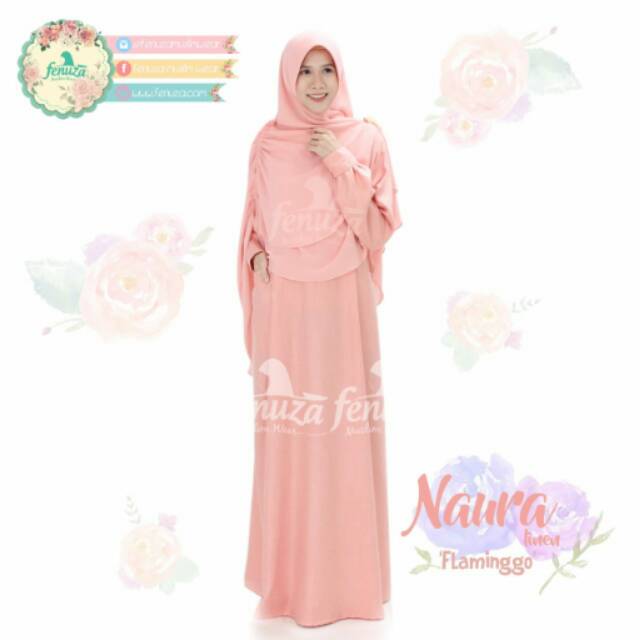 Gamis Fenuza Naura Flaminggo Peach Katun Linen Premium Two Tone
