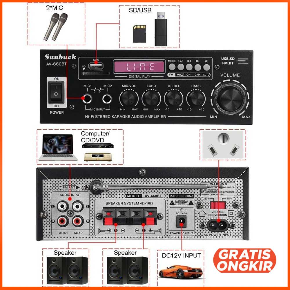 Audio Bluetooth 5.0 DAC Amplifier 2 Ch Remote 2000W - AV-660BT