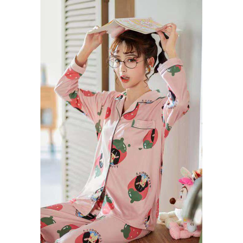 20019 PIYAMA IMPORT STRAWBERRY PINK LENGAN PANJANG BAJU TIDUR WANITA DEWASA UKURAN M - 4XL TERMURAH