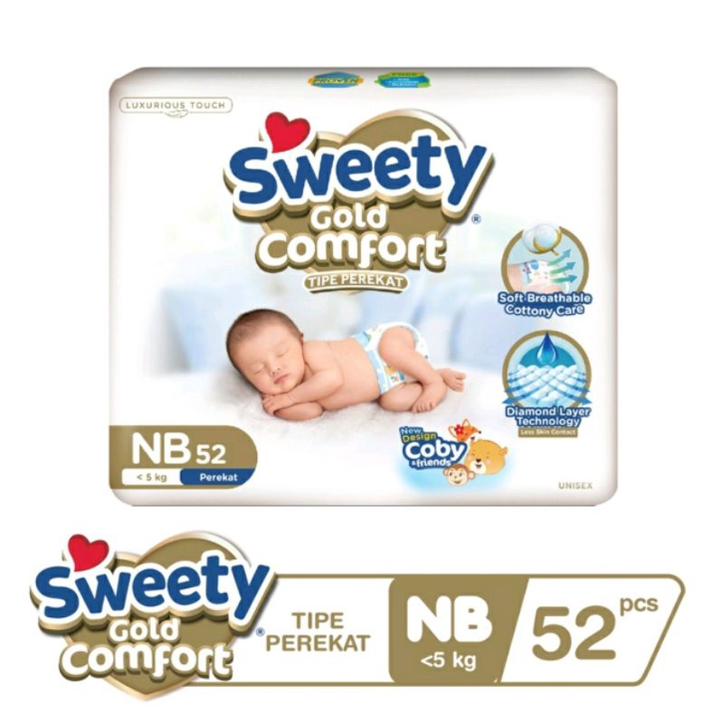 Popok Bayi Sweety GOLD COMPORT NB52 Tipe Perekat Bayi Baru Lahir NEWBORN GOLD NB 52 (&lt;5Kg)Per 1 PACK