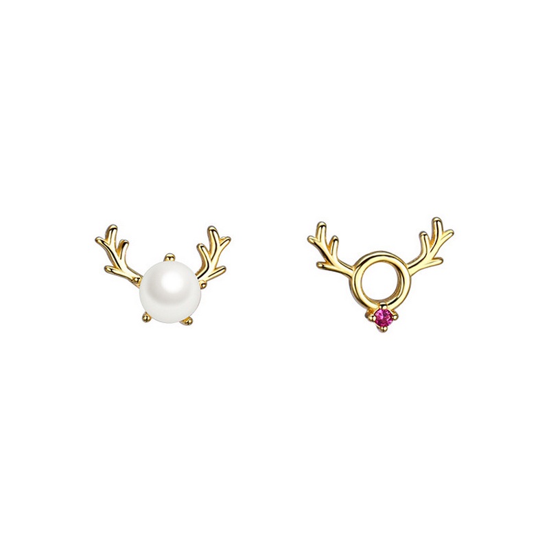 2pcs Anting Tusuk Asimetris Bahan Sterling silver 925 Desain Rusa + Hati + Mutiara + zircon Untuk Wanita