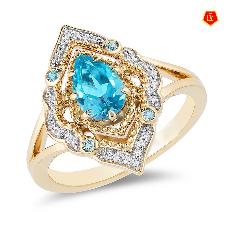 [Ready Stock]Elegant Exquisite Blue Topaz Hollow Pattern Ring