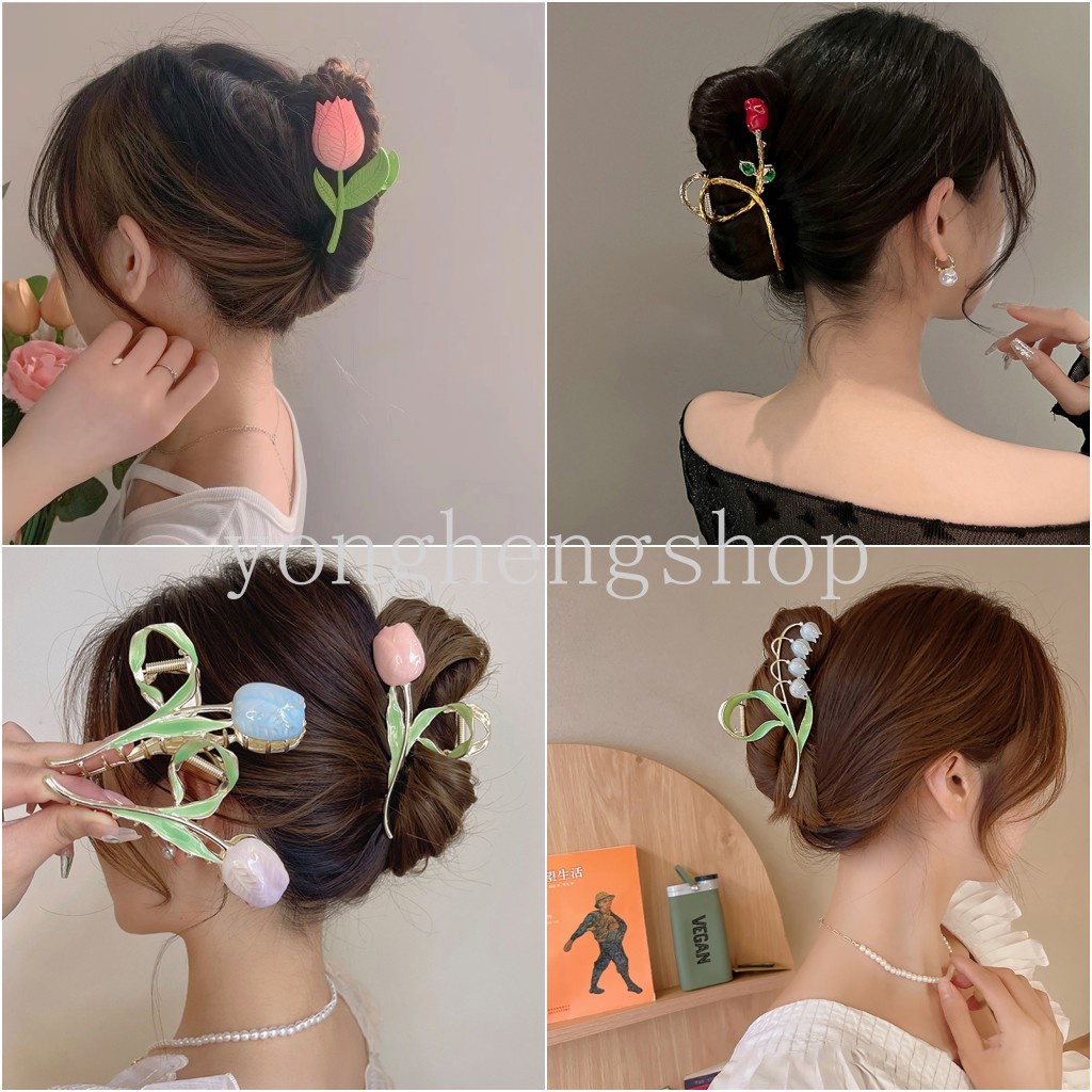 Jepit Rambut Ponytail Desain Bunga Bahan Metal Untuk Wanita