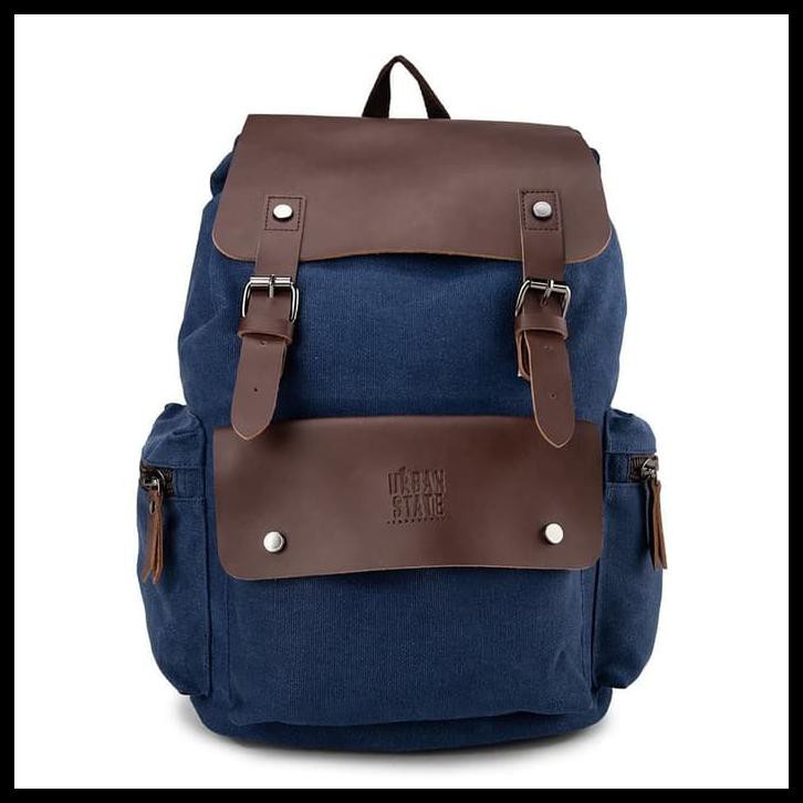 Urban State - Canvas PU Buckled Flap Backpack - Navy