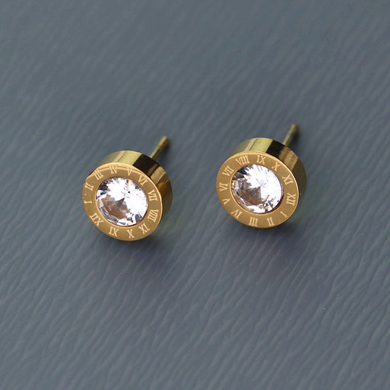 Anting Titanium anti karat dan anti luntur asli Anting Stud Angka Romawi berlian Cubic Zirconia